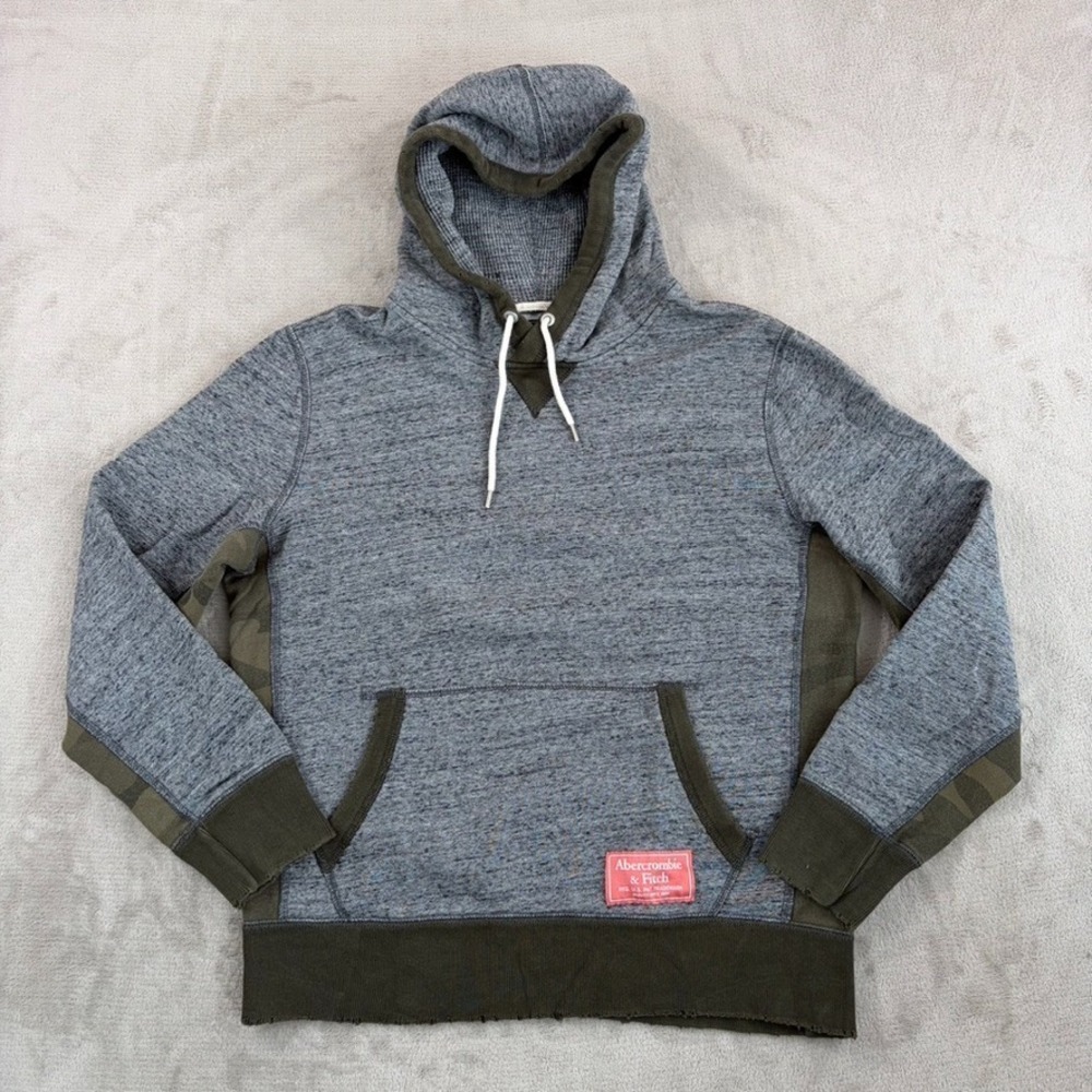 Vintage Abercrombie Fitch Hoodie Men Medium Grey Army Y2K‎ Pullover Distressing